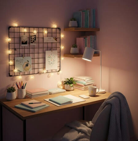 Cozy aesthetic study corner setup for small room